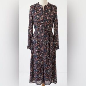 Sézane| Navy Floral Provincial Long Sleeve Boho Maxi Dress w/Waist Tie Sz 36/4US